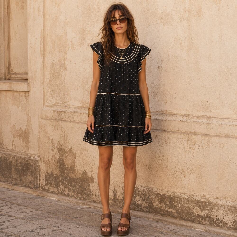 Ulla Johnson Kaede Dress In Black With Cream Polka Dots Size 8